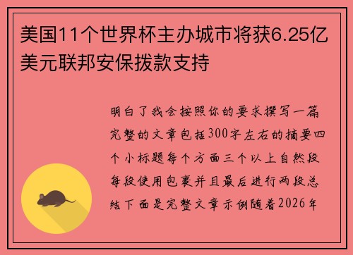 美国11个世界杯主办城市将获6.25亿美元联邦安保拨款支持